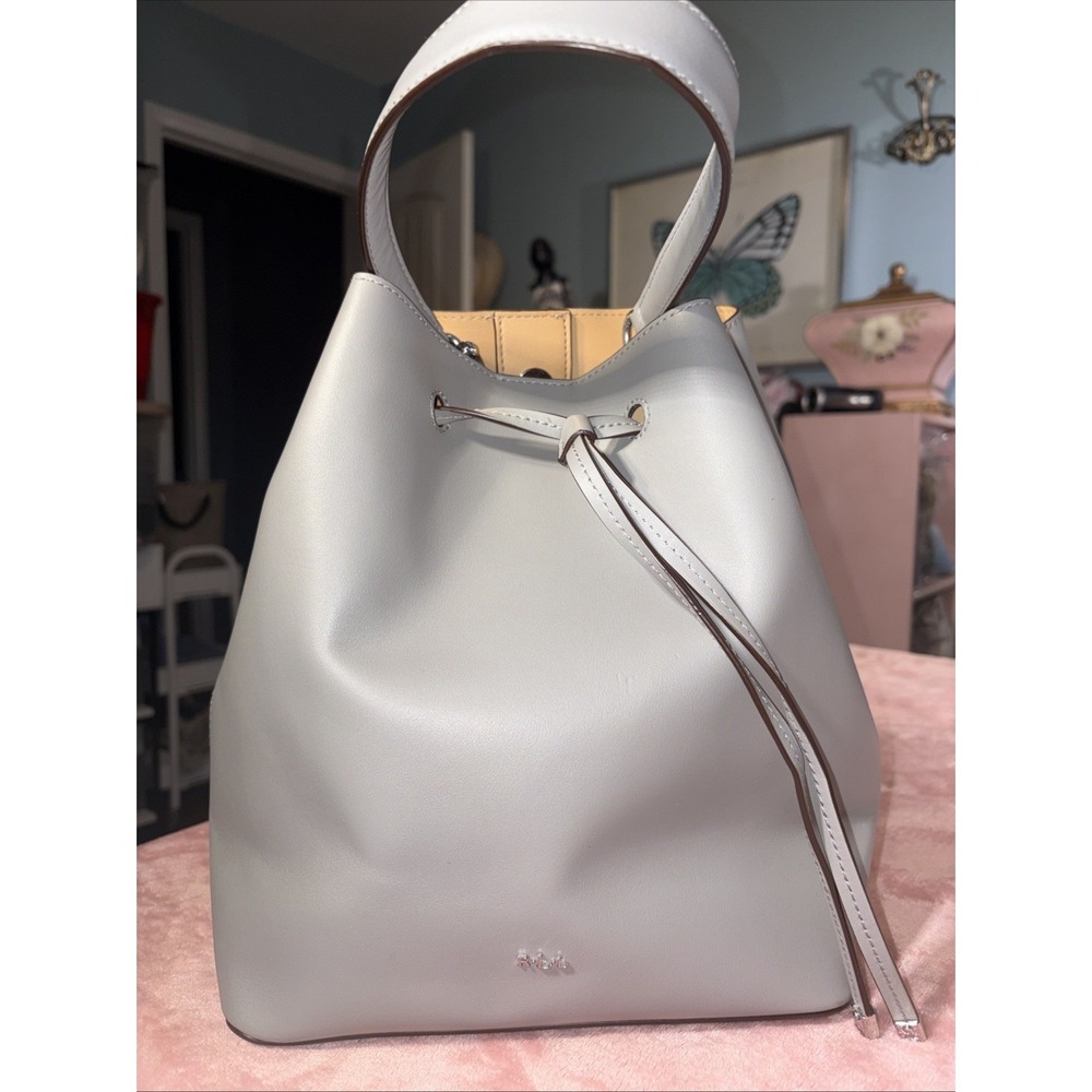 Lauren Ralph Lauren Gray Bucket Drawstring Purse. Silver‎ Hardware. 9x 11.5